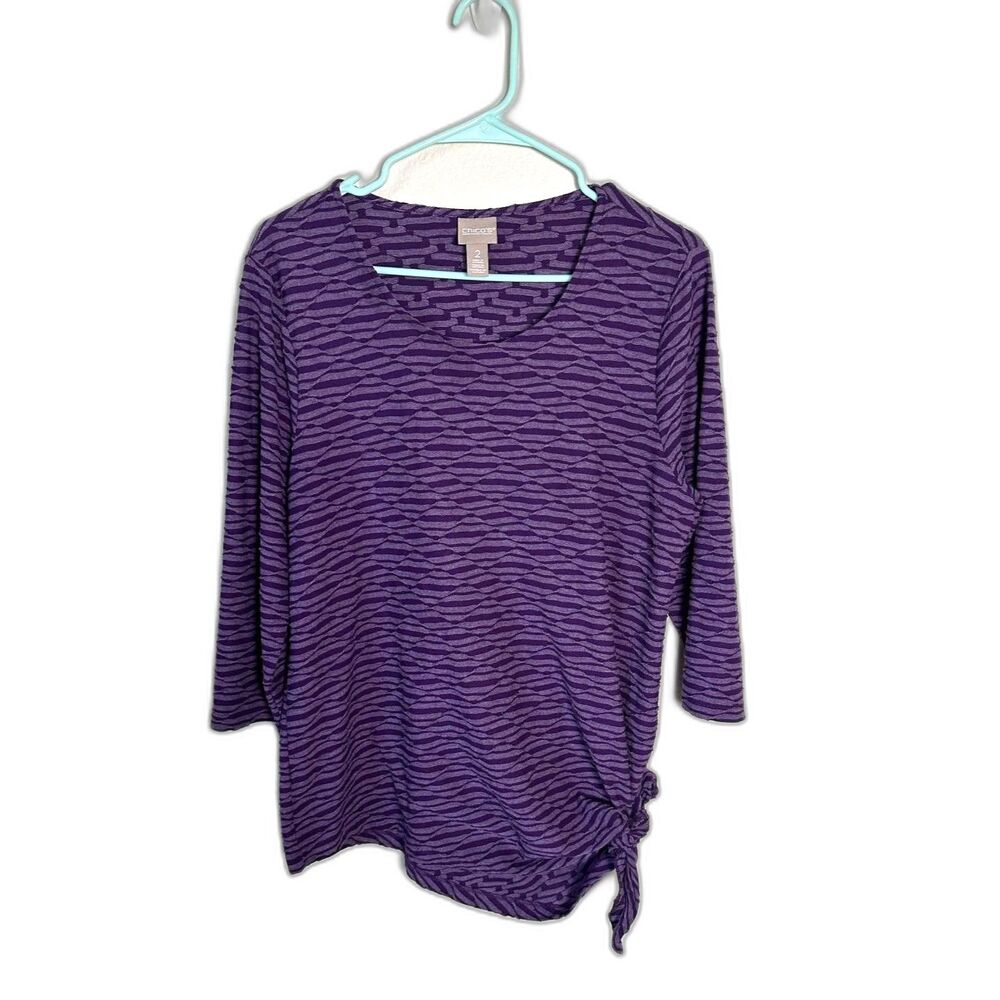 Chicos Womens Size 2 Large Purple Textured Stripe 3/4 Sleeve Side Tie Top Artsy